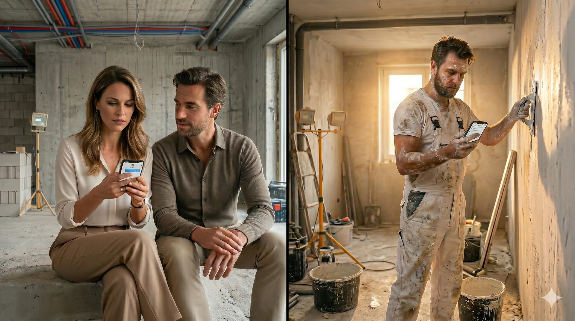 Vakman en stel bekijken verbouwplan op locatie