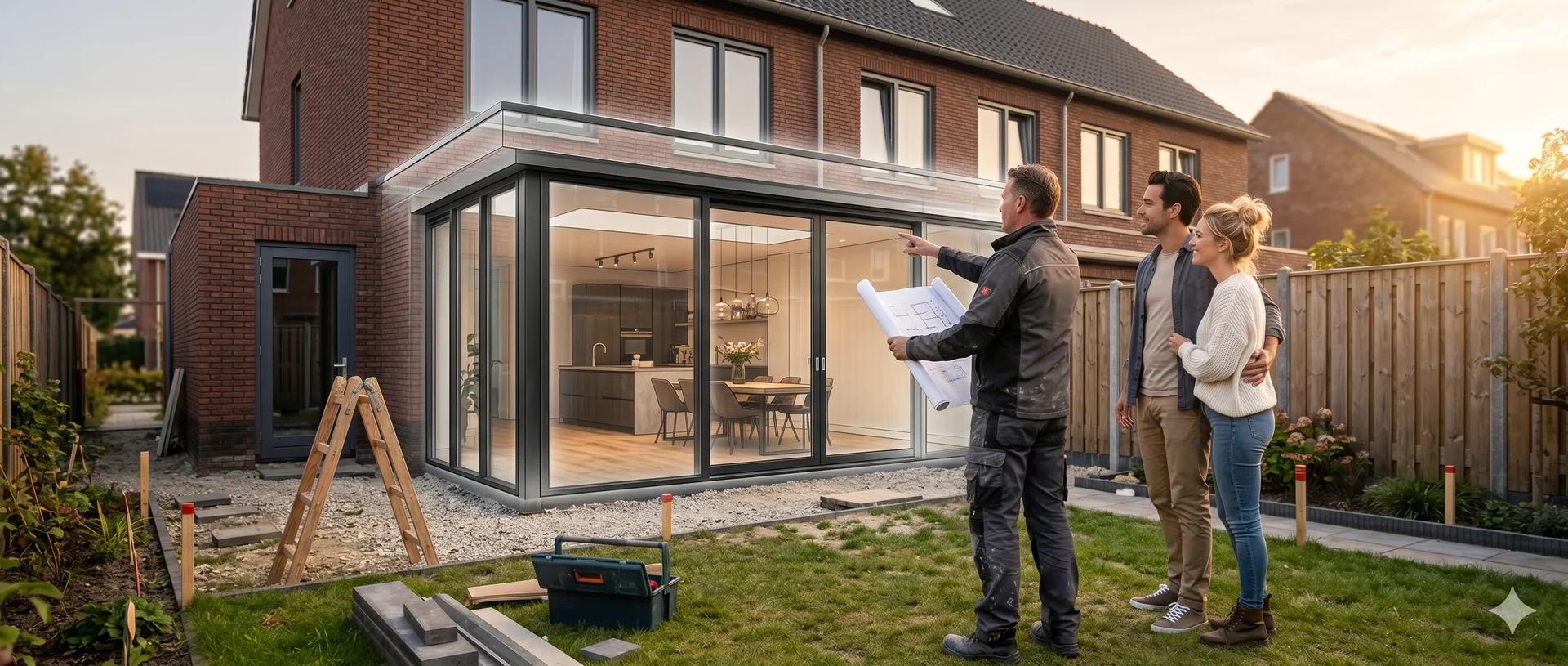 Aannemer bespreekt bouwtekening met klanten bij aanbouw