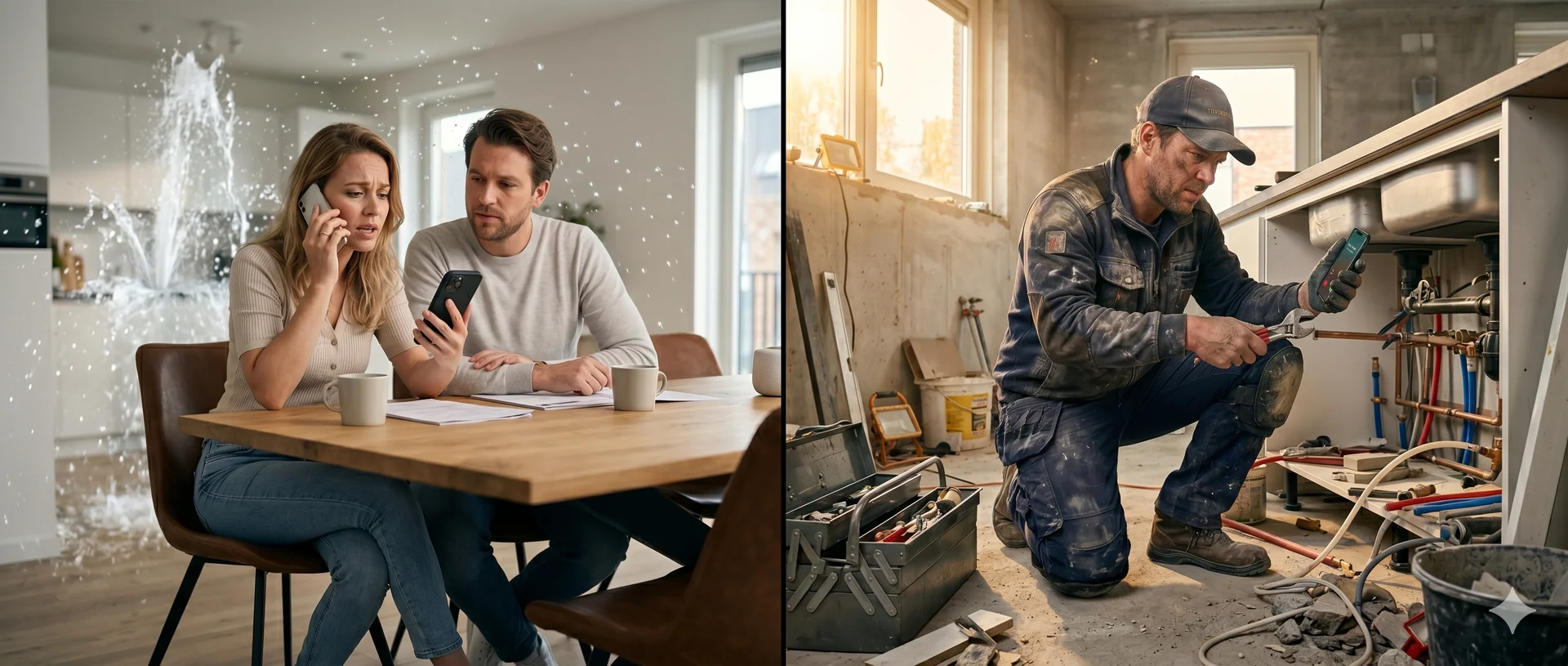 Stel belt aannemer bij lekkage terwijl loodgieter aan het werk is
