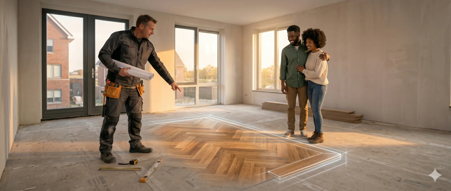 Vakman toont stel de ingetekende visgraatvloer in een lege woning
